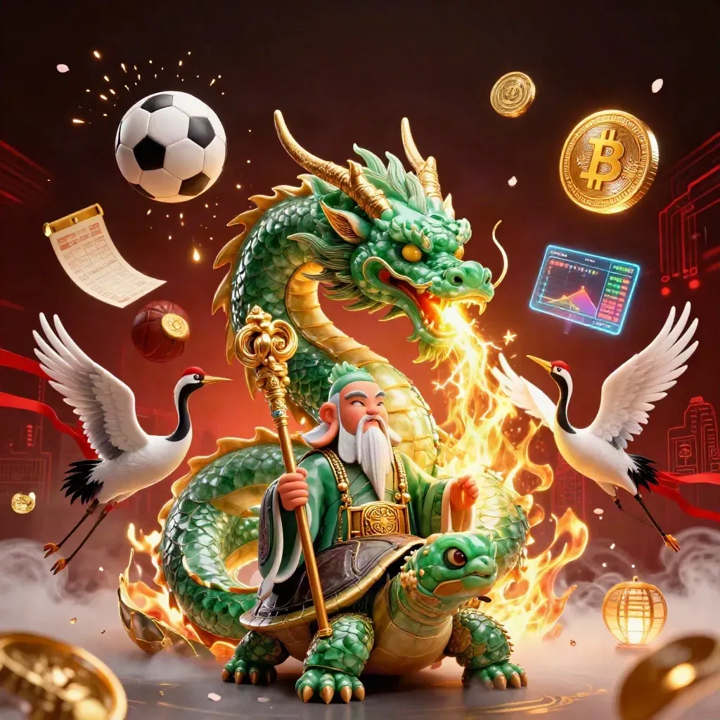 Emerald dragon, turtle sage, and cranes amid coins, fire, petals, and neon casino energy.