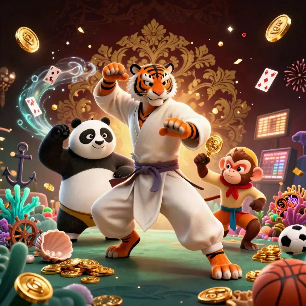 Kung-fu tiger, panda, and monkey in a treasure cove with coins, coral, and casino props