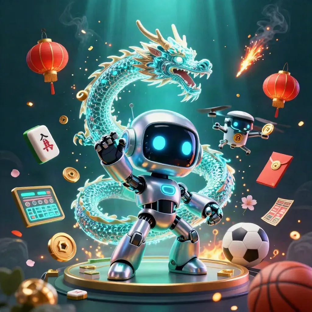 Cyberpunk robot, holographic dragon, and drone amid casino and lucky symbols in cinematic neon light