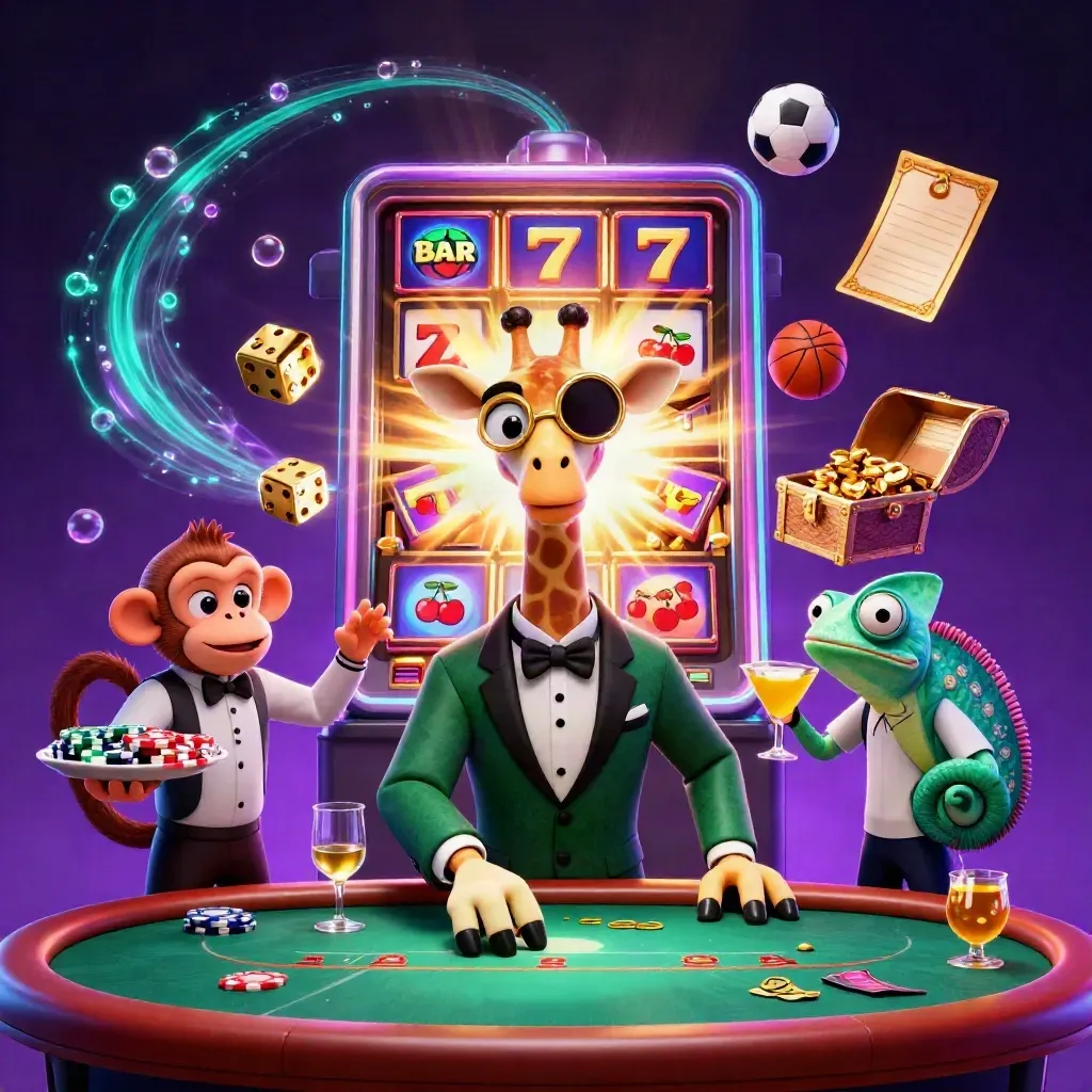 Casino animals amid slot-machine bursts, gold dice, and sports balls in neon luxury.