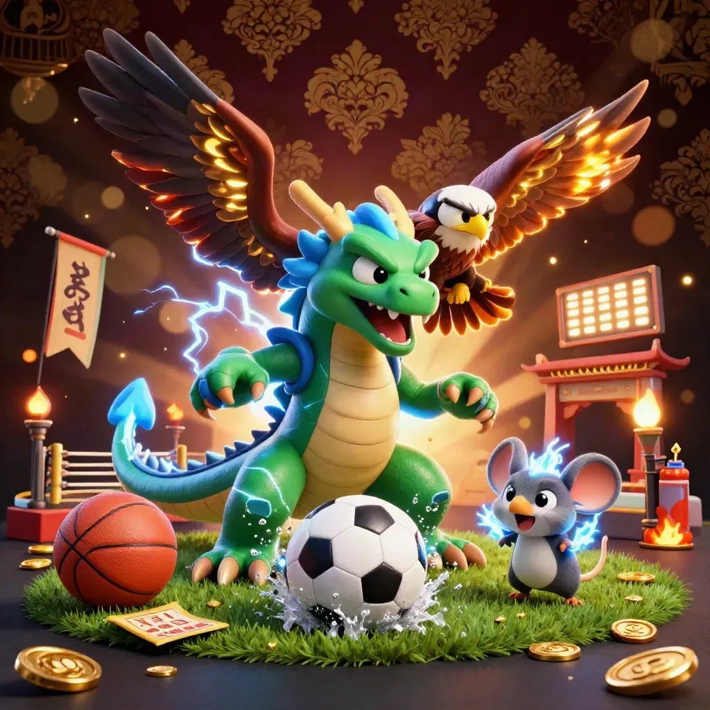 Luxe fantasy thunder dragon, hawk, and mouse exploding around a soccer ball on a casino-lit tile.