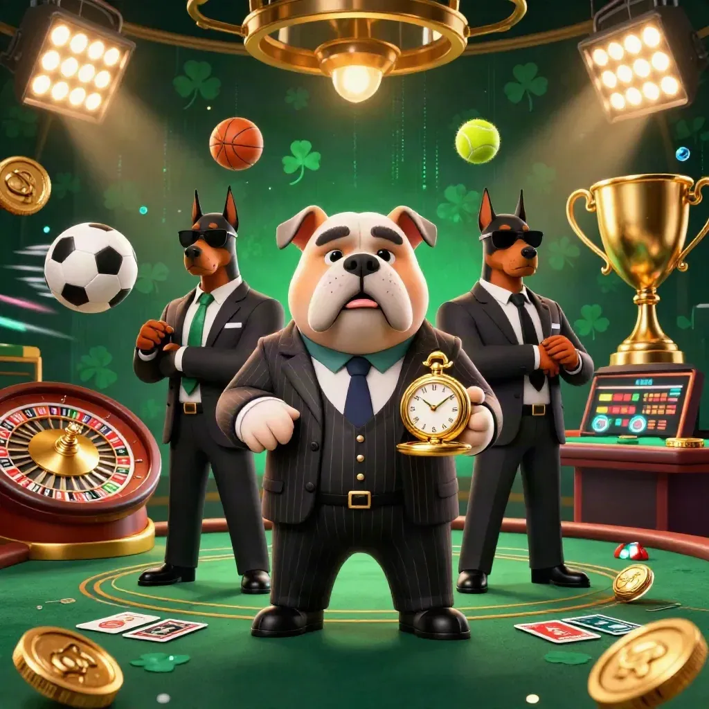 Bulldog boss and Doberman guards in a luxe casino scene with balls, trophies, and neon energy.