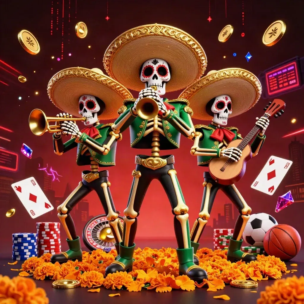 Skeleton mariachi trio with roulette, chips, coins, soccer ball and neon casino glow.