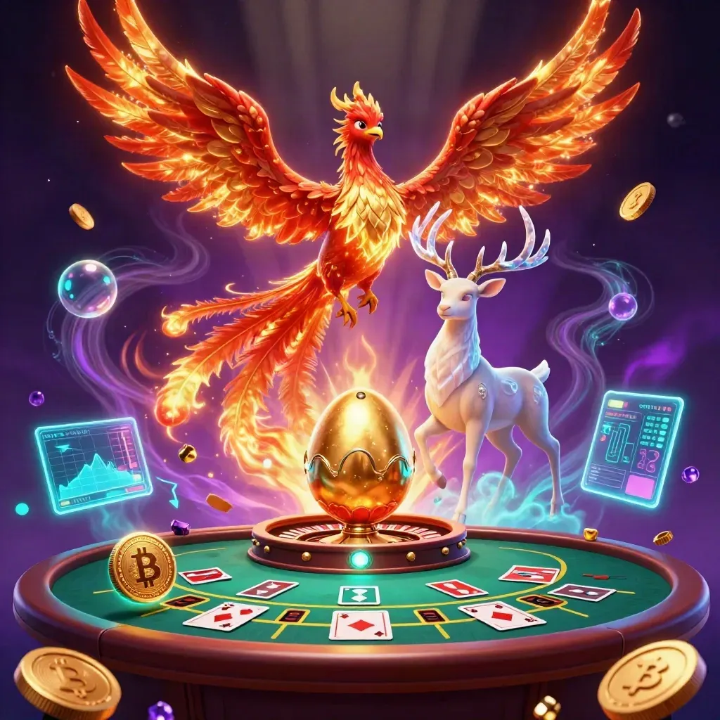 Fire phoenix, baby phoenix, and crystalline stag amid roulette, coins, and neon magic on a dark casino backdrop.