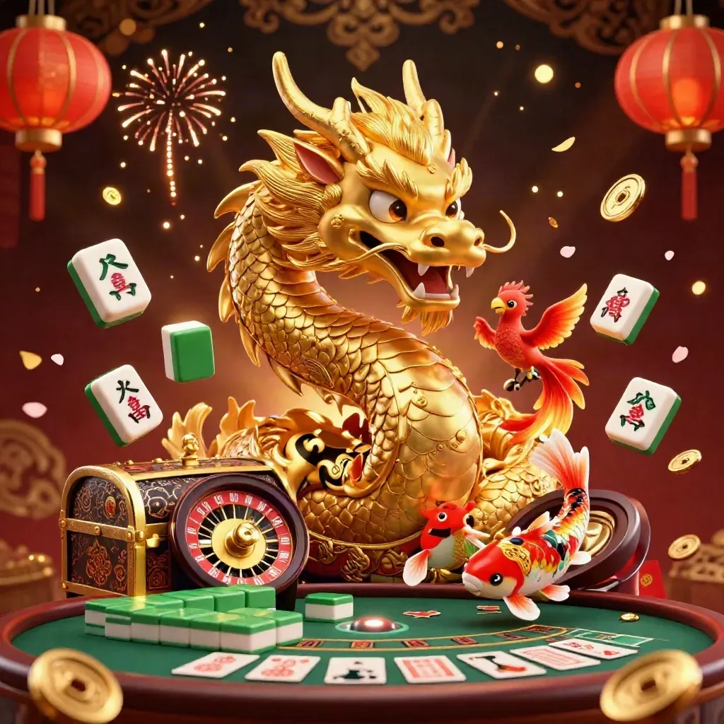 Golden dragon with phoenix and koi amid casino props, roulette wheel, lanterns, and jewels.