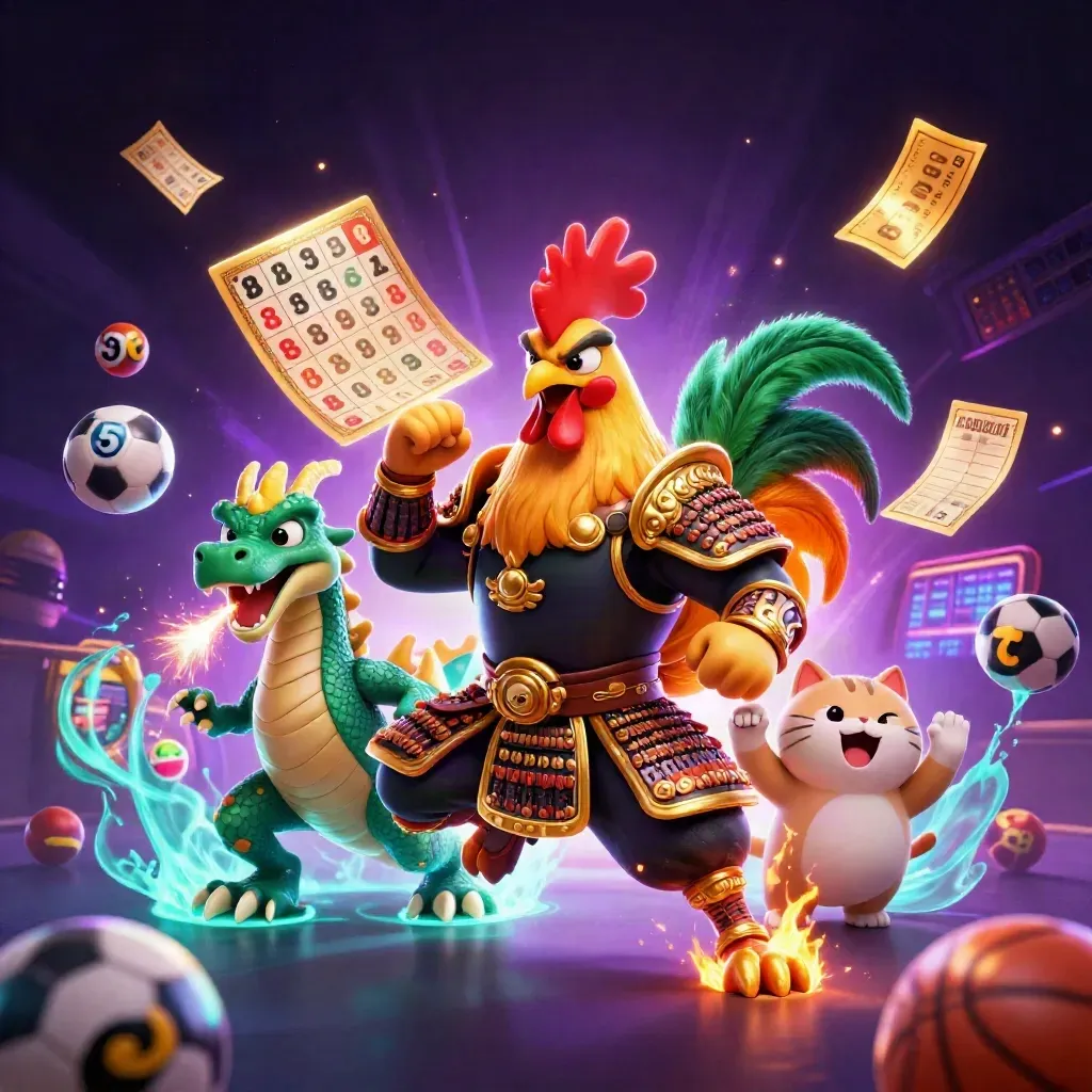 Rooster samurai, dragon hatchling and fortune cat amid casino game balls and glowing lights.