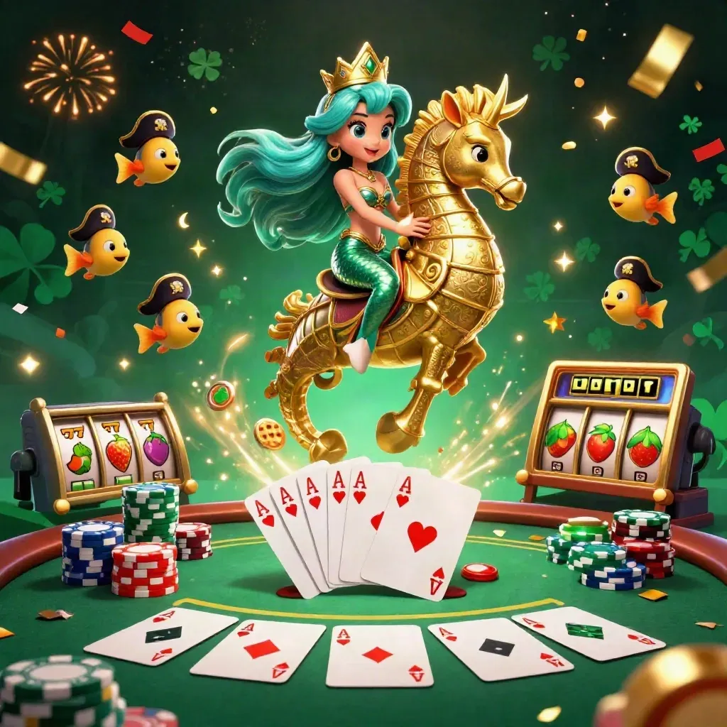 Mermaid princess rides a golden-armored seahorse amid chips, cards, fireworks, and glowing casino magic.