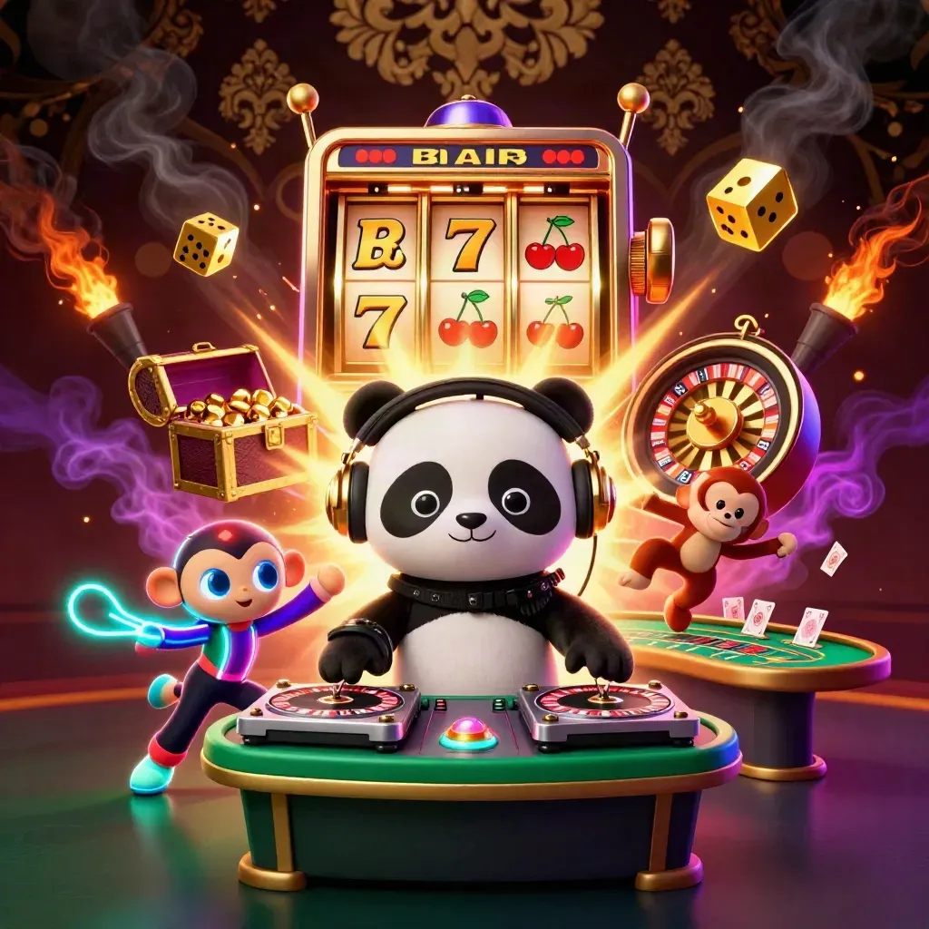 Panda DJ, dancing monkey and glow-stick kitten amid roulette sparks, gold, and casino luxury.