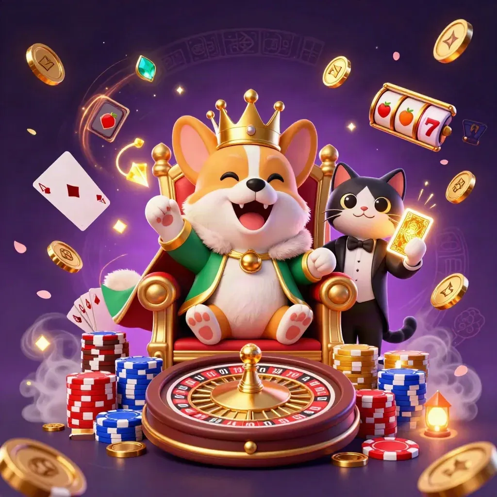 Royal corgi and cat butler on poker-chip throne amid roulette, coins, gems, and starry purple magic.