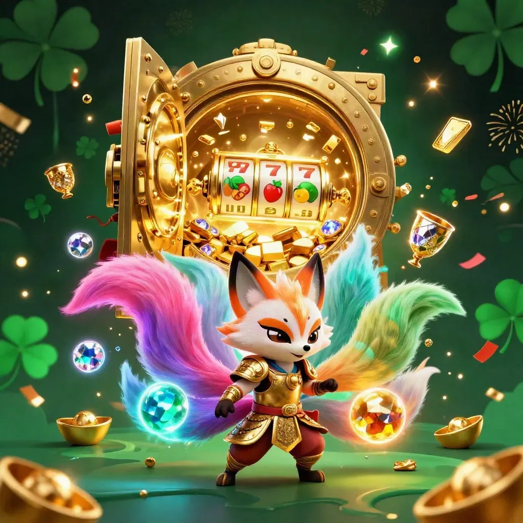 Nine-tailed fox spirit and armored samurai mouse bursting from a golden vault with treasure and neon magic