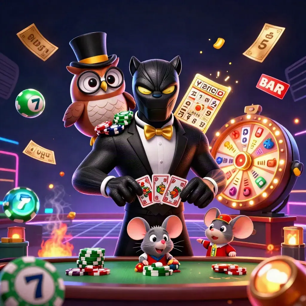 Panther, owl, and mouse in a luxe casino burst of chips, balls, wheel, and glowing effects.