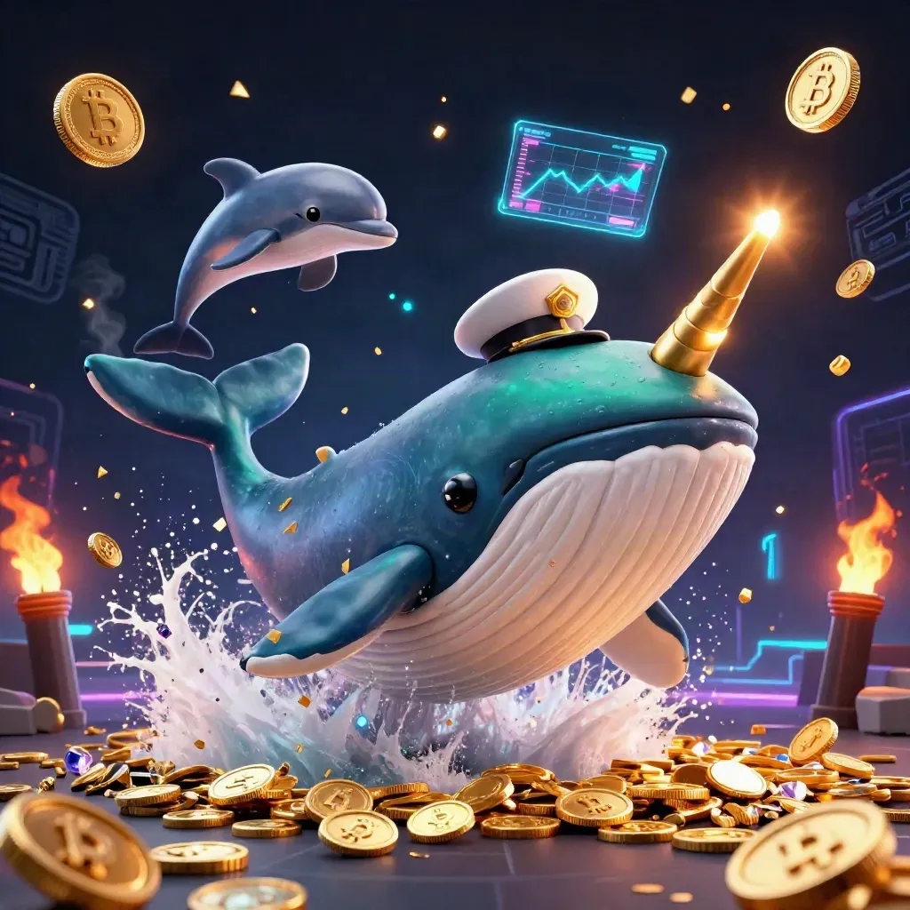 Cartoon whale captain, narwhal, and dolphins burst through coins and crypto glow in a luxe casino scene.