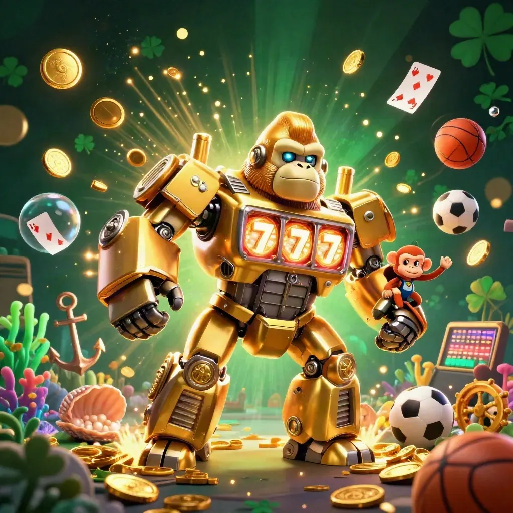 Golden gorilla mech with monkey pilot bursting from a coin vault in an emerald casino cove