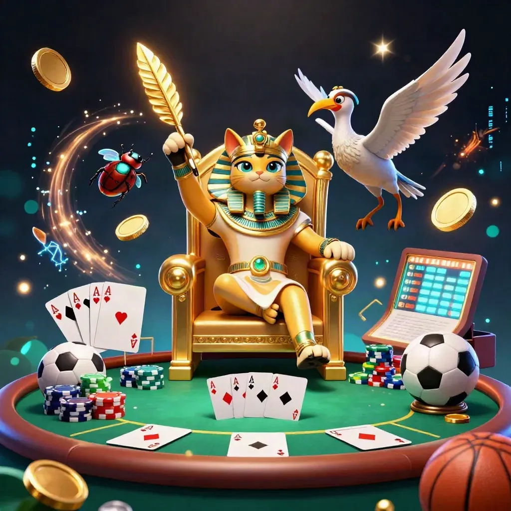 Pharaoh cat, ibis scribe, and scarab beetles amid casino coins, chips, fireworks, and neon light.