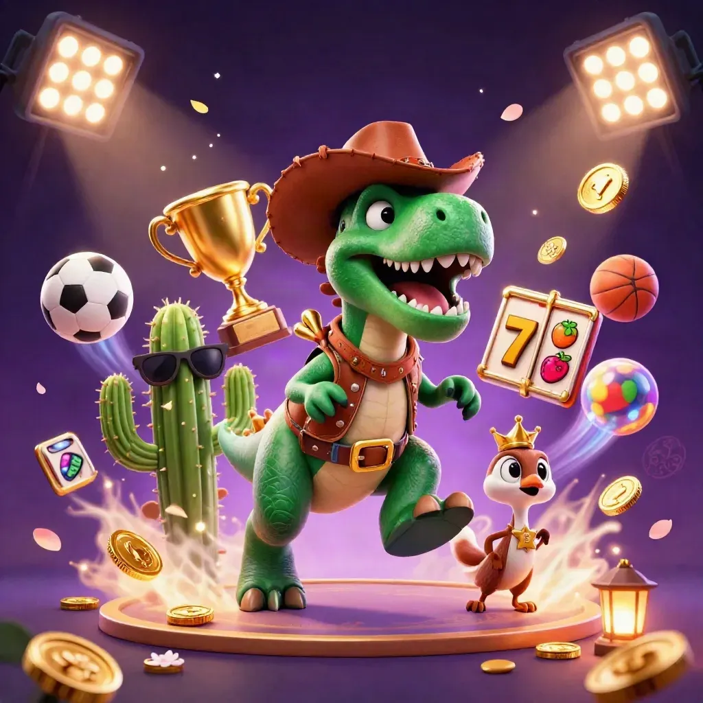 Cowboy T-Rex, cactus sidekick, and roadrunner amid casino sports and magic bursts.