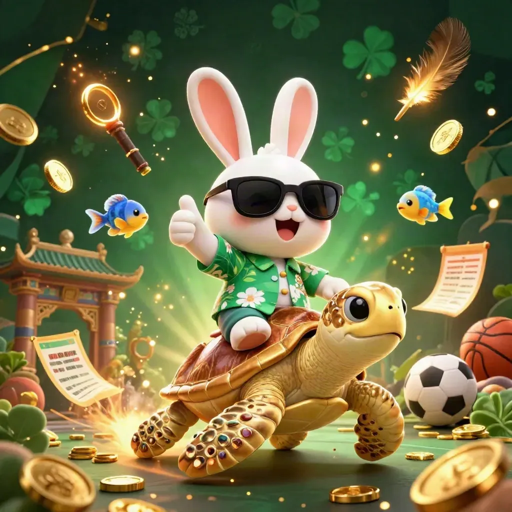 Cartoon rabbit rides a jeweled turtle amid coins, fireworks, temple gate, and casino glam.