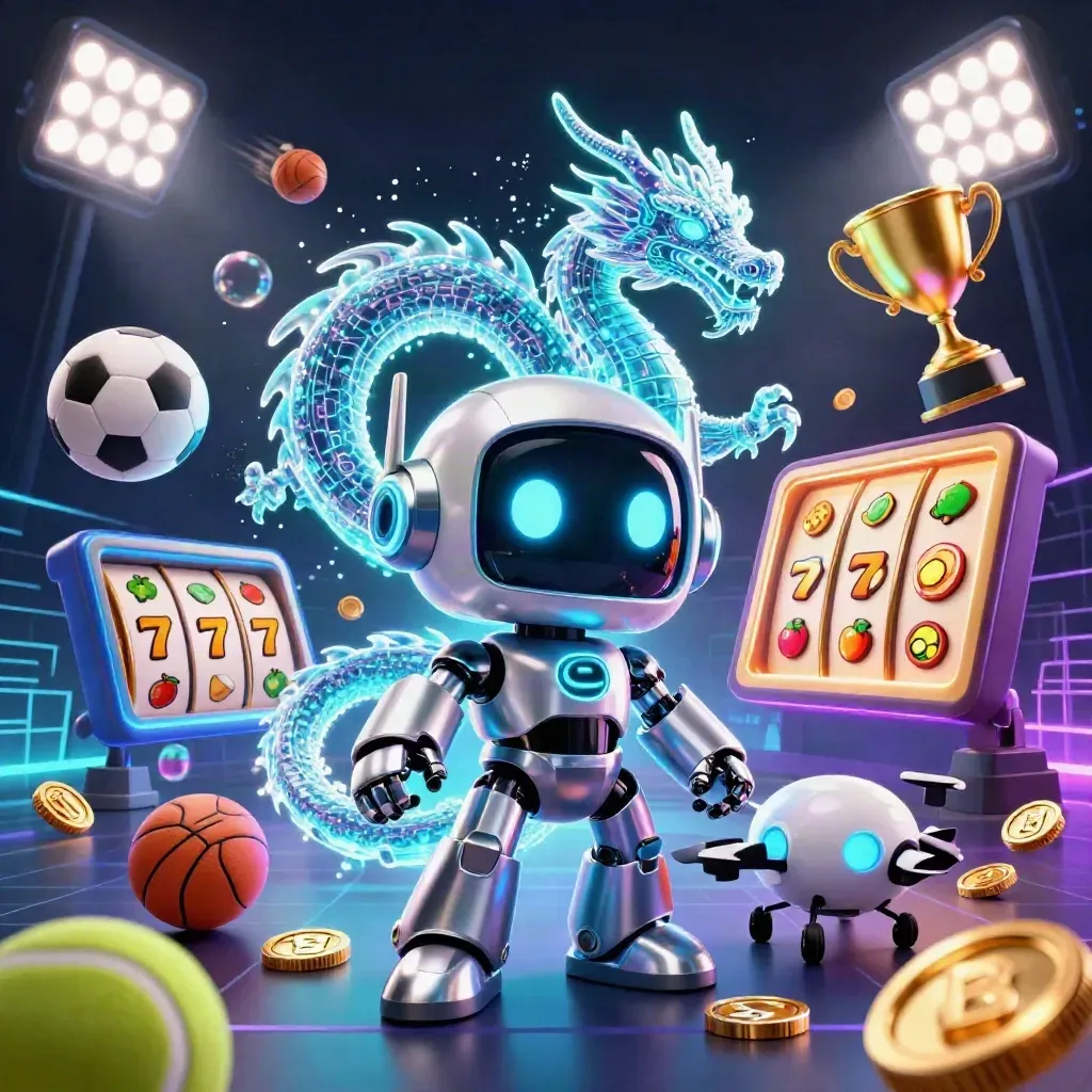 Cyberpunk robot, holographic dragon, and coin drone amid roulette lights, coins, and neon casino effects.