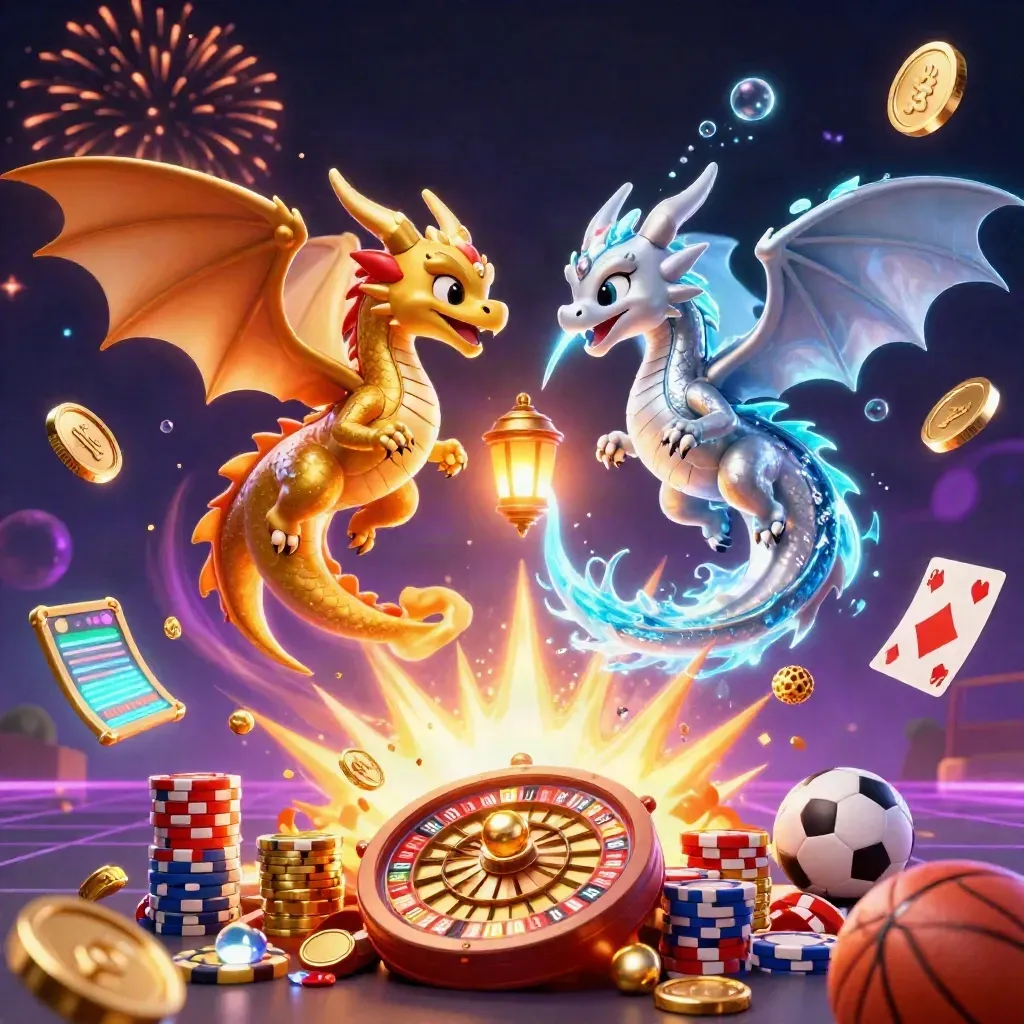 Twin dragons spiral through a coin storm above a roulette wheel and treasure burst.