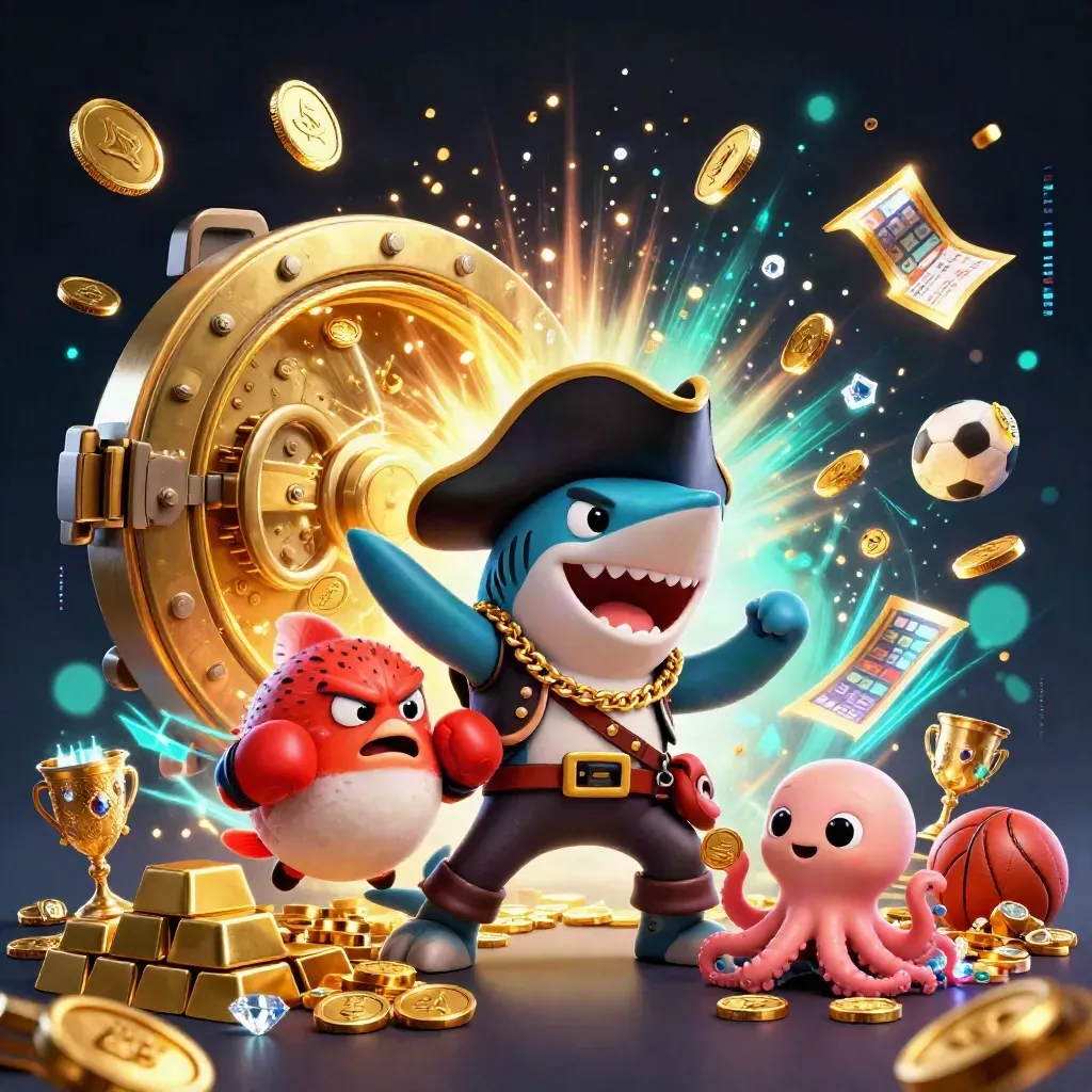 Pirate shark, boxing pufferfish, and coin-juggling octopus amid a vault burst and gold fireworks.