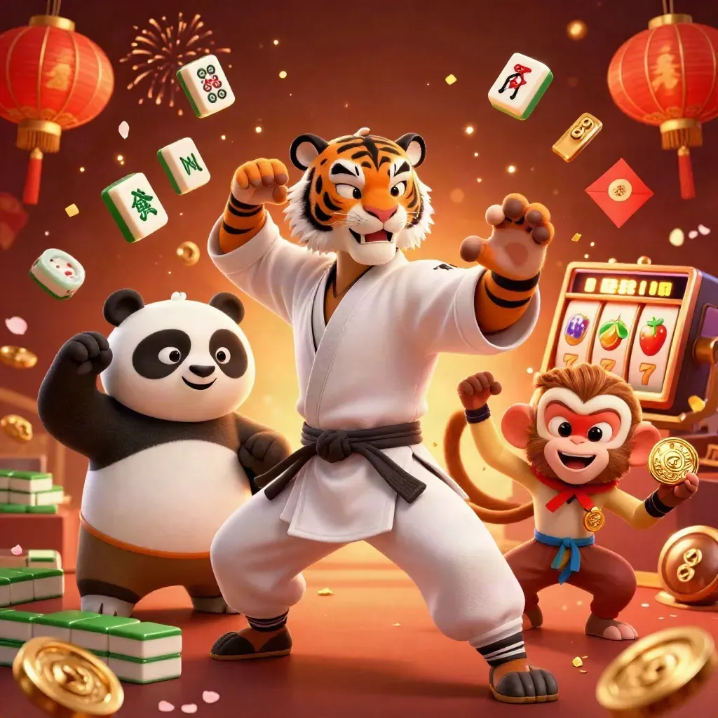 Kung-fu tiger, panda, and monkey in a roulette-themed casino splash with gold effects
