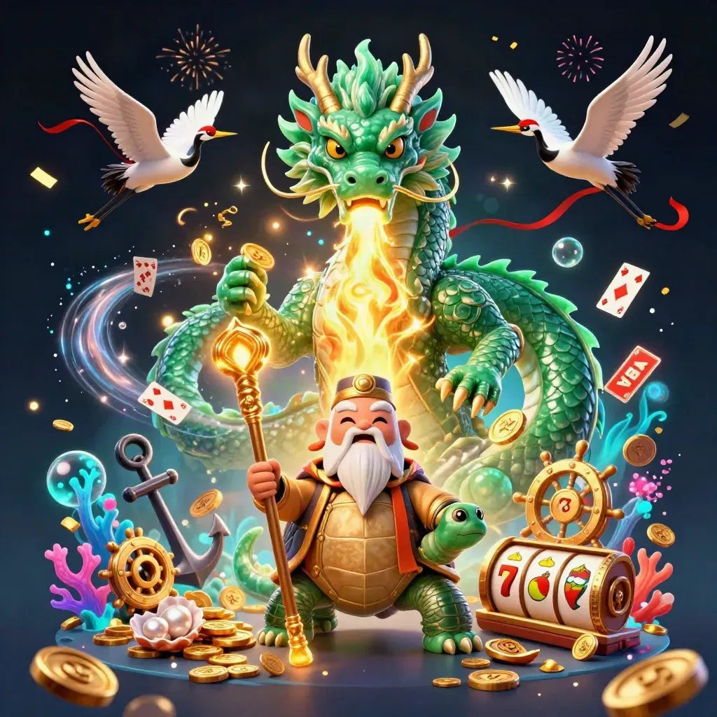 Emerald dragon, turtle sage, and cranes amid gold fire, treasure, and casino symbols