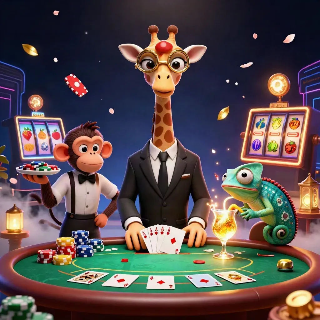Giraffe, monkey and chameleon at a neon VIP poker table with chips, cards and golden effects.