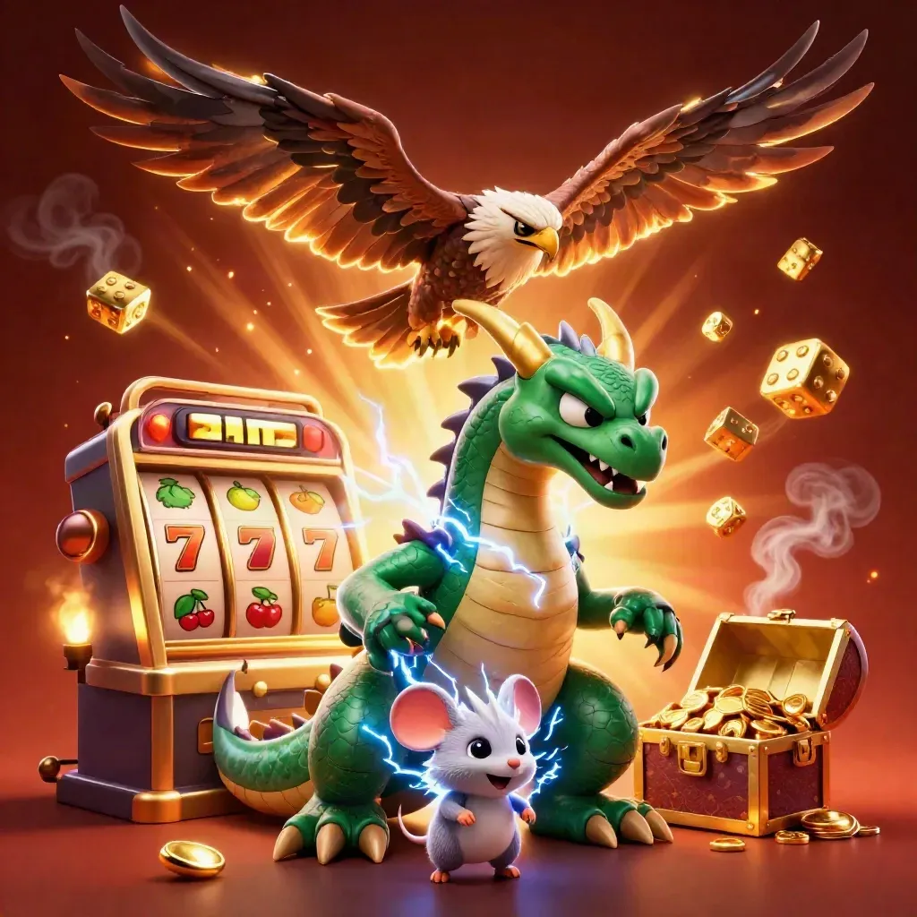 Thunder dragon, wind hawk, and crackling mouse amid exploding slot treasures and golden reels.
