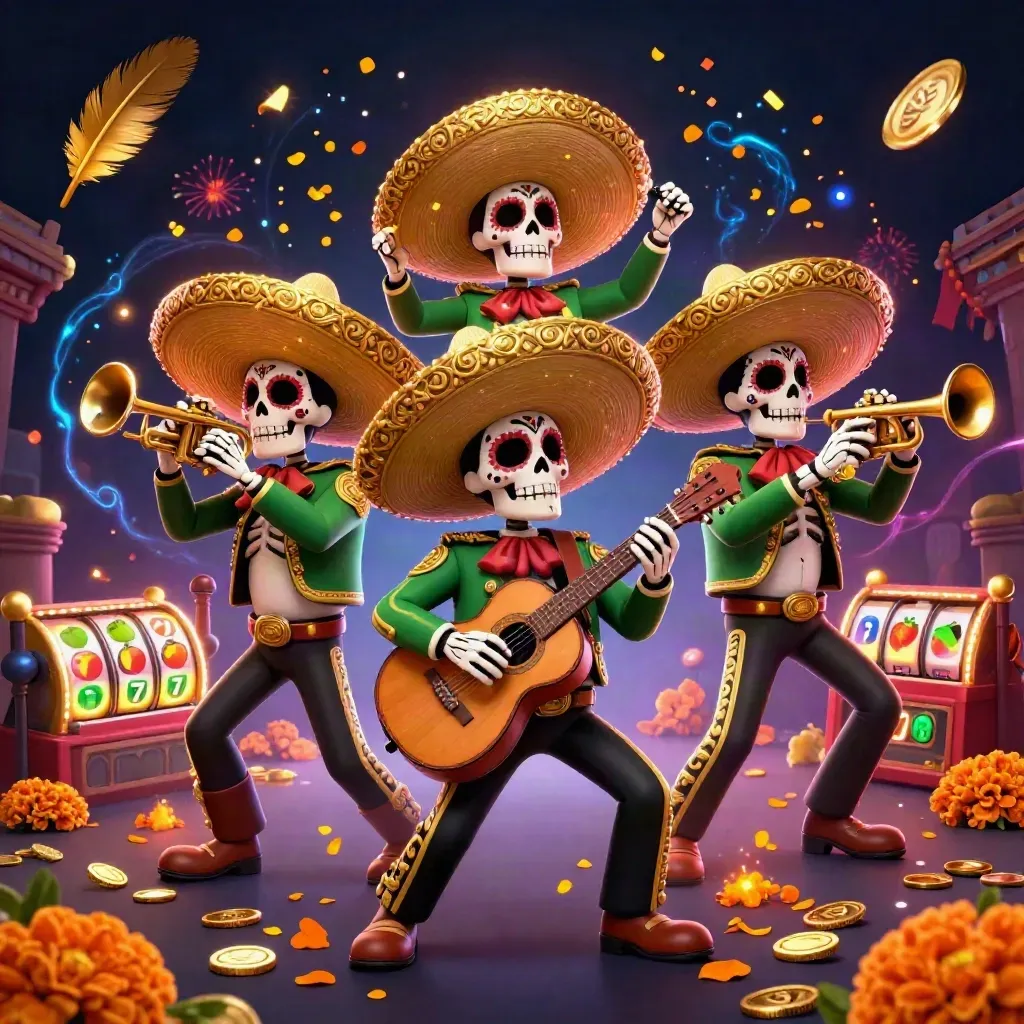 Skeleton mariachi trio amid casino symbols, coins, temple gate, and dramatic fireworks